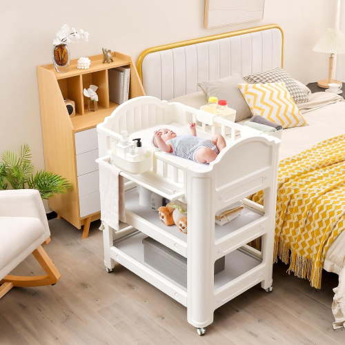 OLAKIDS Baby Changing Table, Diaper Dresser Station with Latex Pad and Pillow, 3 Hanging Boxes, 2 Storage Racks, Lockable Wheels, Mobile Nursery Organizer for Newborn Infant