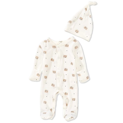 Starting Out Baby Boys Long Sleeve Fold Over Cuff Footie Bear Coverall & Knot Hat 2-Piece Set