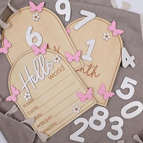 Pink Butterfly Hello World Newborns Welcome Board,3D Wooden Monthly Milestone Cards,Pink Butterfly Newborn Birth Announcement Board,for Baby Shower Newborn Photo Props