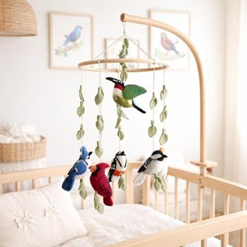 Handmade Felt American Bird Nursery Mobile, American Bird Crib Mobile for Babies, Boho Nursery Decor, Natural Wool & Wood American Birds Hanging Mobile, Unique Baby Shower Gift Handcrafted in Nepal