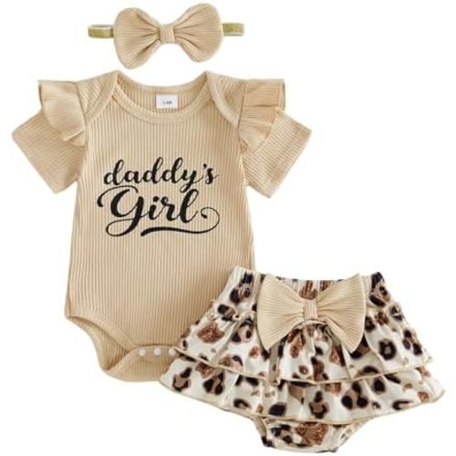 fhutpw Newborn Baby Girl Clothes Ribbed Sleeve Romper Top Leopard Ruffle Shorts Bow Headband Infant Summer Outfits 0-18M