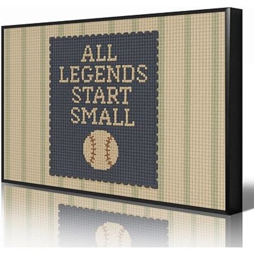 All Legends Start Small Inspirational Canvas Wall Art, Motivational Nursery Baseball Sport Poster, Vintage Green and Blue Striped Print for Boy Toddler Bedroom Playroom 12x16in Framed