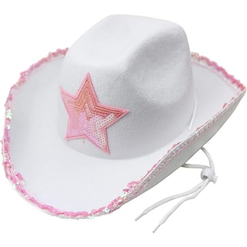 GiftExpress White Felt Cowgirl Hat with Pink Sequin Star, Country Themed Party Cowboy Dressup Play Costume Hat For Teens & Adults