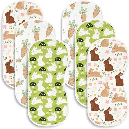 6 Pack Bunny Baby Burp Cloths for Girls Boys,Large Cotton Burp Rags with Cute Rabbit Pattern for Nursery Decor Newborns Gifts Extra Soft and Absorbent Baby Spit-Up Cloths,20x10inches