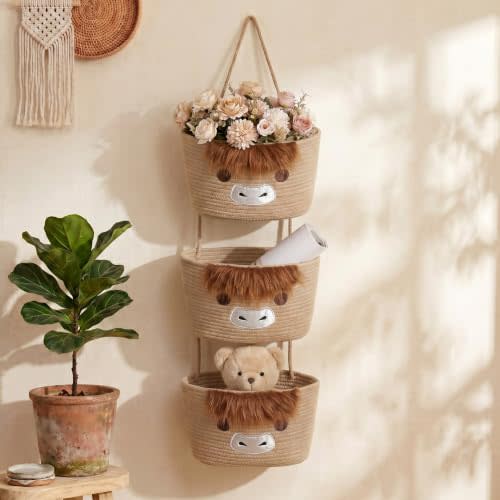 Highland Cow Nursery Decor 3-tier Highland Cow Cotton Rope Hanging Basket Organizer, Wall Storage Bin with Hooks, Brown Over Door Decorative Nursery Closet Hanging Accessories