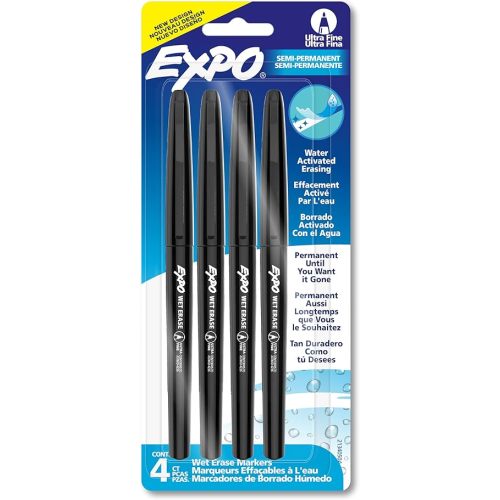 EXPO Wet Erase Markers, Semi-Permanent Overhead Transparency Markers, Black, Ultra Fine Tip, 4 Count