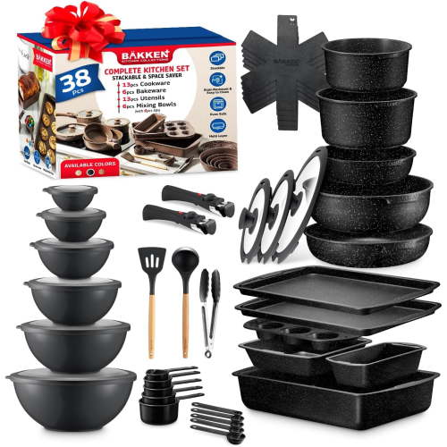 BAKKENMASTER 38 Piece Granite Cookware & Bakeware Set – Nonstick Granite Coating, Pots and Pans with Detachable Handle and Tempered Glass Lids, 6-piece Bakeware set, 12-piece Mixing Bowls,Gray Marble