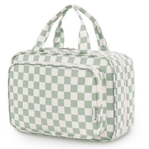 Narwey Travel Toiletry Bag for Women Large Capacity, Hanging Makeup Bag Organizer Toiletries Bag for Full Size Essentials, Accessories, Brushes, Cosmetics (Mint Green Checkerboard (Large))
