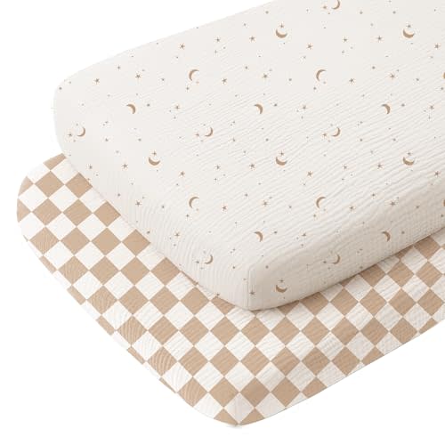 Konssy 2 Pack Muslin Bassinet Sheets for Baby Boy, 100% Cotton Soft Breathable Bassinet Mattress Sheets Fit for Hourglass Oval Cradle Rectangle Mattress (Coffee Check,Moon)