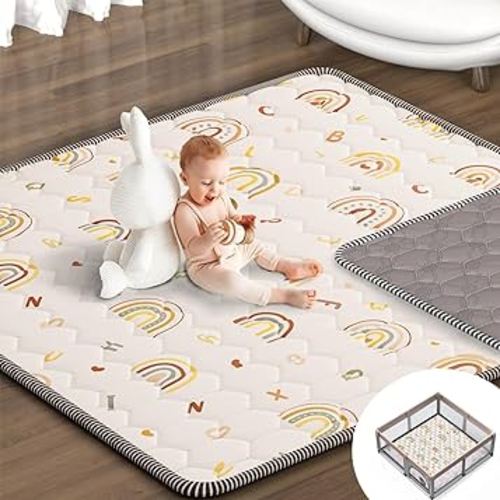 Boho Rainbow Baby Play Mat 50" X 50" Playpen Mat Thicken One-Piece Baby Crawling Mat Non-Slip Cushioned Baby Floor Mat with Lettters, Activity Playmats for Infants, Babies, Toddlers (50X50,Beige)