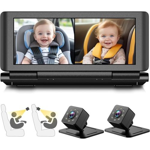 Baby Car Camera for 2 Kids, 6.86" 1080P HD Split Screen Baby Monitor with Dual Backseat Cameras and IR Night Vision, Crystal Clear Wide View Baby Car Mirror for Rear Seat Safety (Not USB)