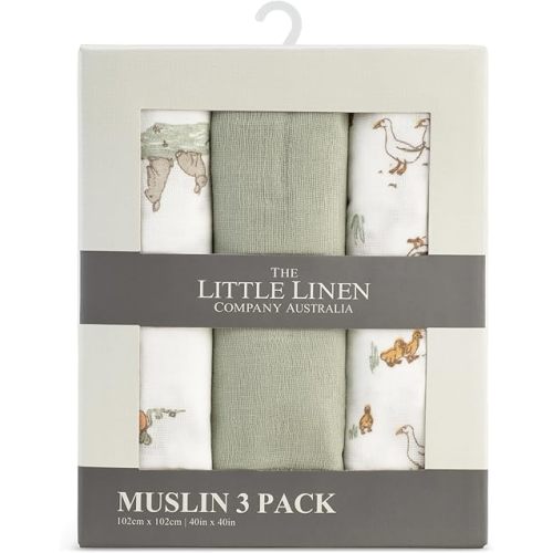 The Little Linen Company Baby Muslin Swaddle Wrap 3pk - Farmyard Lamb