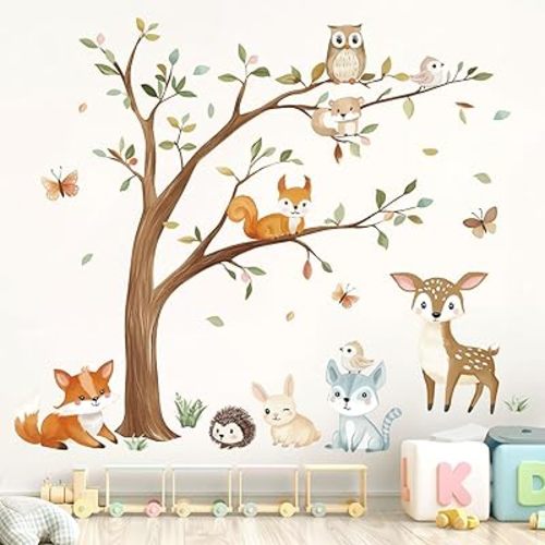 Magical Woodland Animals Wall Stickers,Forest Tree Wall Decal for Baby Nursery Kids Bedroom Nature Themed Decor