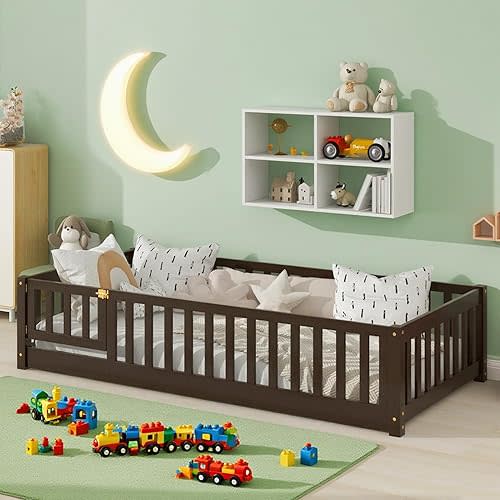 Twin Size Montessori Floor Bed with Slats, Door and Guardrails, Espresso