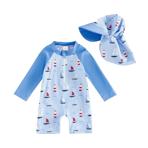 KMBANGI Toddler Baby Boy Mallard Swimsuit Kids Rash Guard Long Sleeve One Piece Bathing Suit Duck Hunting Swimwear with Hat