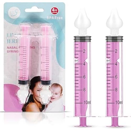 Bluet B - Baby Nasal Syringe (2-Pack) - Safe Silicone Nasal Aspirator for Newborn - Infant Mucus Removal - 10ml Nose Cleaner Syringe for Baby - Toddler Congestion Relief - Reusable Tips - Pink