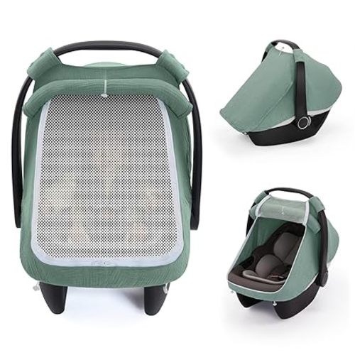 Blissful Diary Baby Car Seat Cover, Extra Large Mesh Window, Breathable Muslin Cotton, Infant Windproof Canopy, Must-Have Baby Gift - Roman Green