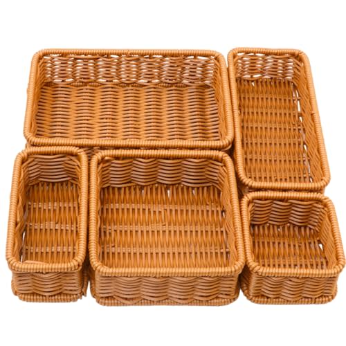 Drawer Organizers- Plastic Rattan Storage Trays for Bedroom, Bathroom, Kitchen, Office, Handwoven organizer, Waterproof and Easy Clean, 1 Set, Caramel Color