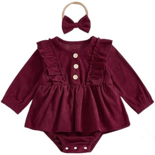 Karuedoo Newborn Infant Baby Girl Christmas Outfit Corduroy Ruffle Long Sleeve Romper Dress Tutu Jumpsuit with Headband