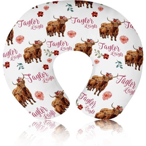Baby Nursing Pillow Cover - Personalized Name Breastfeeding Pillow Cover with Highlands Cattle Pattern, Stretchy Removable U-Shaped for New Moms, Soft Breathable Slipcover for Infant Boys Girls