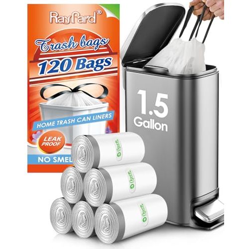 1.5 Gallon 120 Counts Mini Strong Drawstring Trash Bags Garbage Bags by RayPard, Small Plastic Bags fit 4.5-6L Trash Can for Home Office Kitchen Bathroom Bedroom, White Waste Basket Liners