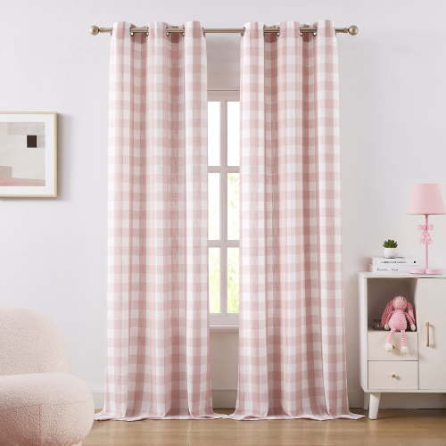 Flowpartex 2 Pieces Buffalo Check Semi Sheer Curtain Panels Pink and White Plaid Textured Curtains Drapery, 40"Wx84"L Farmhouse Grommet Top Window Drapes for Living Room Bedroom