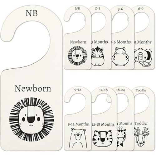 Whaline 8Pcs Wooden Baby Closet Dividers Jungle Animal Theme Hanging Baby Closet Organizer Double-Sided Newborn to 24 Months Thicken Baby Wardrobe Organizer for Home Nursery