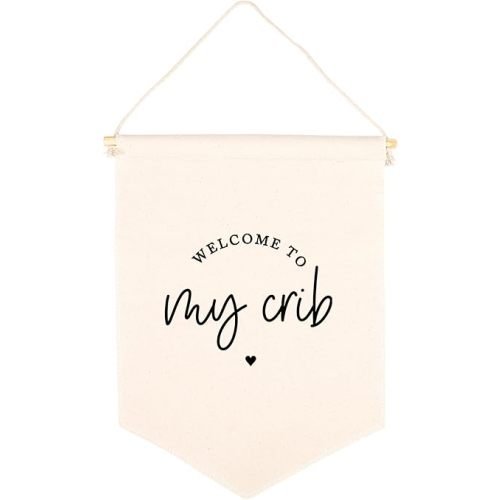 Andaz Press Hanging Canvas Banner - Welcome To My Crib Tapestry Wall Hanging Banner for Baby Girl, Baby Boy, Kids Canvas Nursery Decor, Pennant Flag Wall Art, 1-Pack