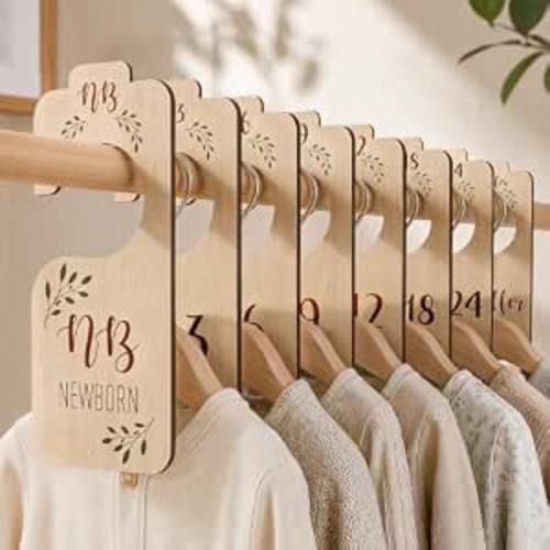Baby Closet Dividers for Clothes Organizer - Set of 8 Beautiful Wooden Double-Sided Baby Clothes Size Hanger Organizer from Newborn to 24 Months for Boho Nursery Decor