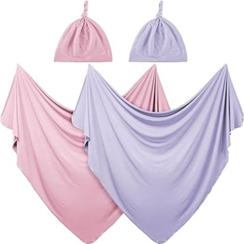 JaGely 2 Pcs Stretchy Baby Swaddle Blankets Set Extra Soft 47" x 47" Baby Newborn Swaddle Blanket and Hat(Pink, Light Purple)
