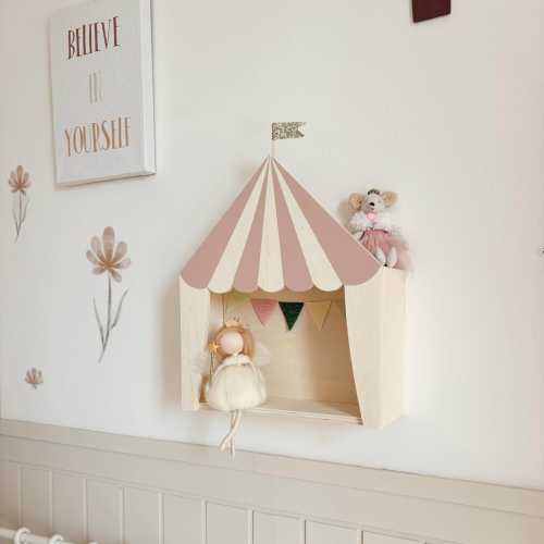 Vintage Pink Circus Shelf – Handmade Wooden Nursery Wall Decor for Baby Girl – Kids Room Storage Organizer – Boho Girl Room Decoration