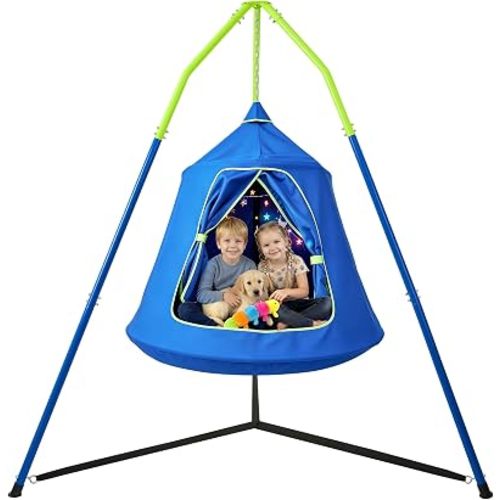 FUNLIO Tent Swing with Stand, Kids Tent Swing Set, Seneory Swing, Blue