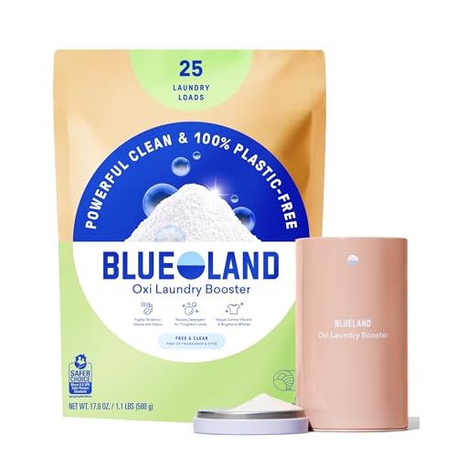 BLUELAND Oxi Laundry Booster Powder, Fragrance Free & Clear, 17.6 oz | 100% Plastic-free Formula, Lifts Stains & Brightens, No Chlorine Bleach, Dyes, PFAS, or Microplastics, Whitens Whites