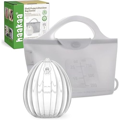 haakaa Wearable Silicone Breast Pump with Steriliser Bag, 2-in-1 Hands-Free Passive Breast Milk Catcher for Nursing Mom, Breastfeeding Essentials, 75ml Shell Pumps & 1 Steriliser Bag - Grey