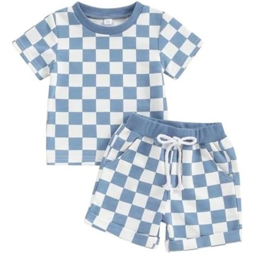 FOCUSNORM Toddler Baby Girl Outfit Newborn Girl Summer Clothes Short Sleeve T Shirt Checkerboard Top Set Elastic Waist Shorts
