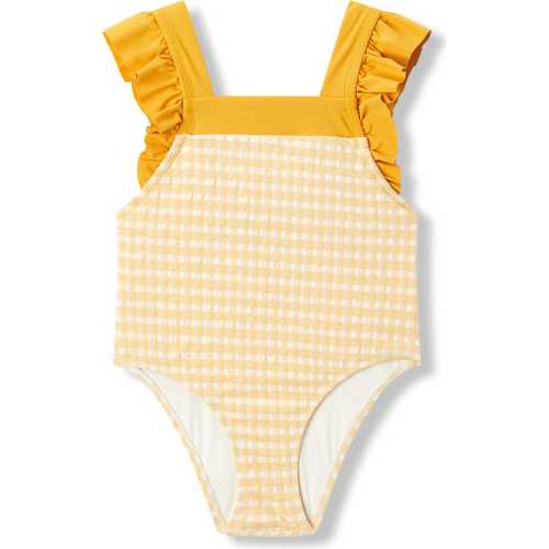 Yellow Gingham Ruffle Square Neck Swimsuit - Milkbarn Kids Swim | Maisonette