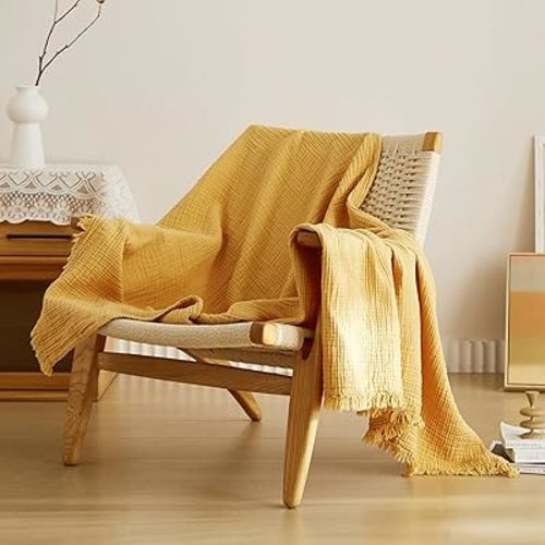 Simple&Opulence Cotton Muslin Throw Blanket 4 Layers for Bed, Couch, Woven Gauze Blanket with Tassels, Soft Lightweight Cozy Pre-Washed Breathable Farmhouse Decoration for All-Season(Yellow)