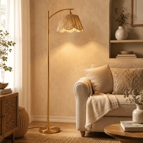 Laybasic Rattan Floor Lamp with Remote Control and Foot Pedal, Stepless Dimmable Boho Standing Lamp, Tall Gold Modern Tree Lamp for Living Room, Bedroom, Office Corner, 12W E26 Bulb Included