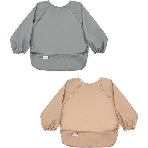 ALVABABY Baby Bibs Long Sleeve Bib Outfit 2 Pack Waterproof Washable Stain and Odor Resistant Starter Adjustable Boy Girl Feeding Bib Brown 2WDJ31-CA