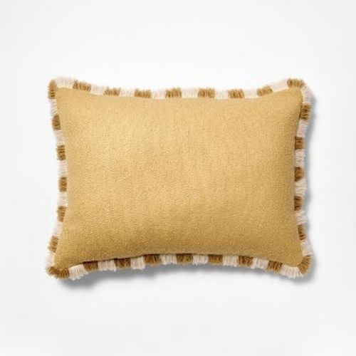 14"x20" Sold Texture Lumbar Throw Pillow with Stripe Fringe Tan - Threshold™ designed with Studio McGee