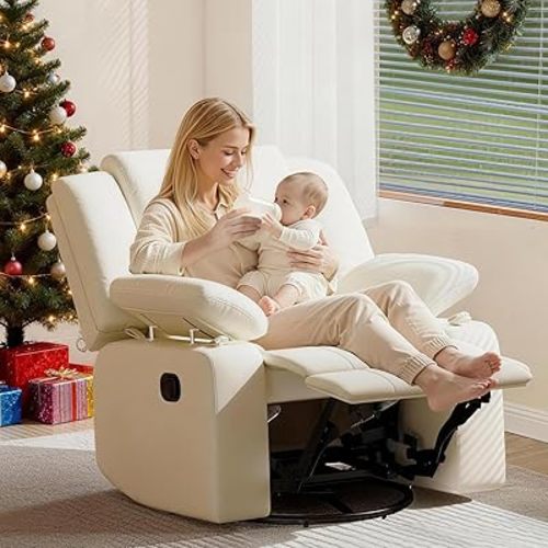 AILEEKISS Mecedora giratoria para guardería con reposabrazos ajustables, reposacabezas mecedora para lactancia materna, cómoda silla reclinable tapizada para sala de estar (beige)