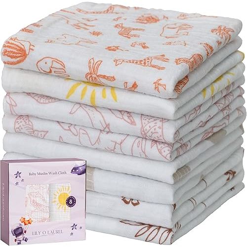 Muslin Baby Washcloths for Newborns, Pack of 8, 11"x11", Super Soft Cotton, Absorbent and Gentle, Baby Cotton Wipes, Baby wash Cloths