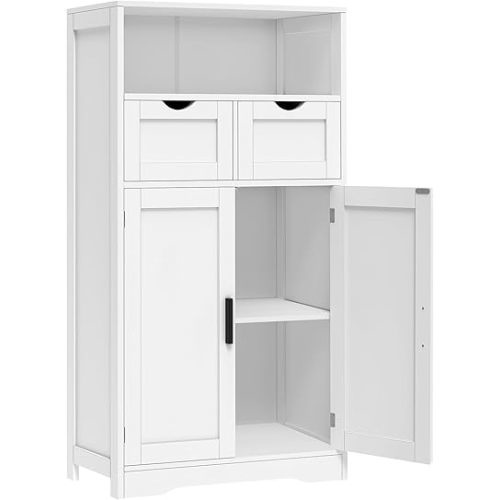 Iwell Bathroom Cabinet with Doors and Drawers, Freestanding Bathroom Storage Cabinet, Adjustable Shelves, for Living Room, Kitchen, Home Office, White