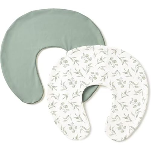 Konssy 2 Pack Nursing Pillow Covers, Stretchy and Soft Nursing Cover for Breastfeeding Pillows, Pillow Slipcover for Baby Girls Boys Newborn (Green, Green Leaves)