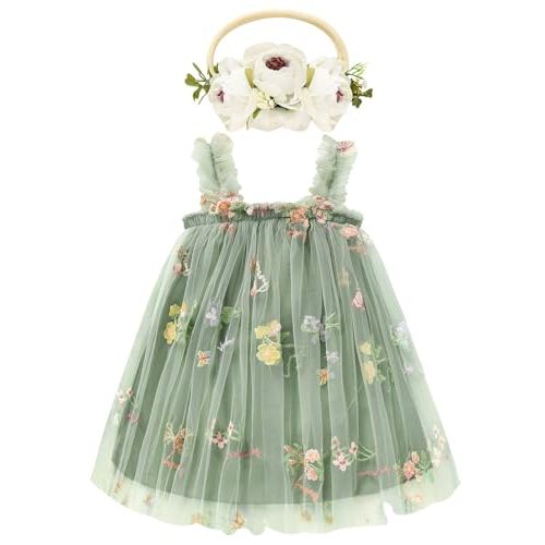 GRNSHTS Toddler Baby Girl Tutu Dress Sleeveless Floral Print Tulle Dress Little Girl Princess Dresses with Flower Headband