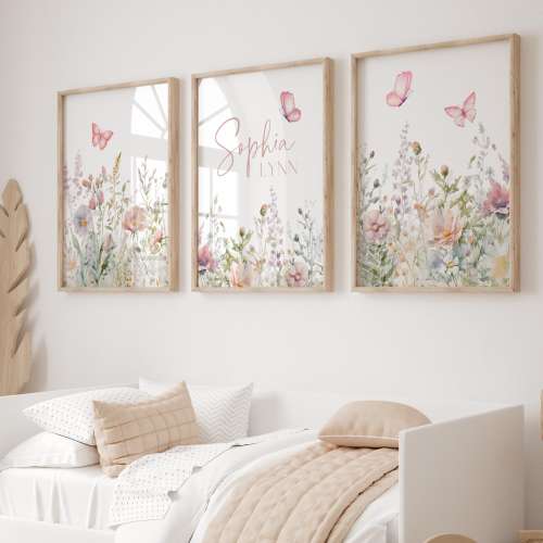 Nursery Wall Art Personalized for Baby Girl, Butterfly Print for Newborn Gift, Wildflower Girl Nursery Wall Art Name Print Botanical Nursery