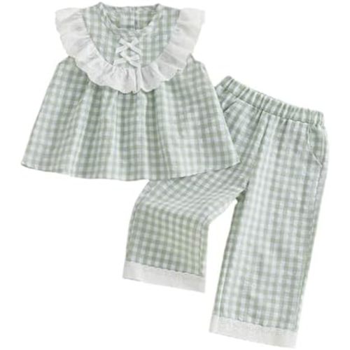Thorn Tree Girls Summer Outfits Ruffle Sleeve Button Up Dress Tops Plaid Linen Pants Spring Toddler Girl Clothes