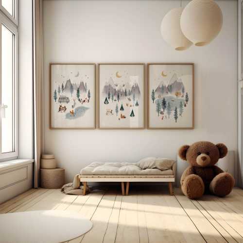 Baby Boy Nursery Wall Art, Mountain Wall Art Boho Set of 3, Mountain Adventure Prints for Boys Room, Ski Themed Kids Posters, Blue and Gray