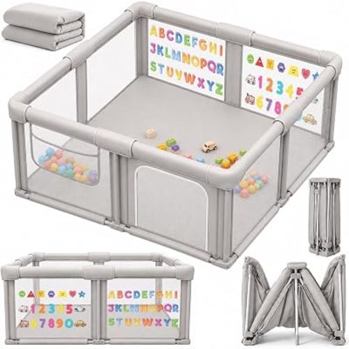 Foldable Baby Playpen 50 x 50 in with Mat, Large Baby Playard Grey