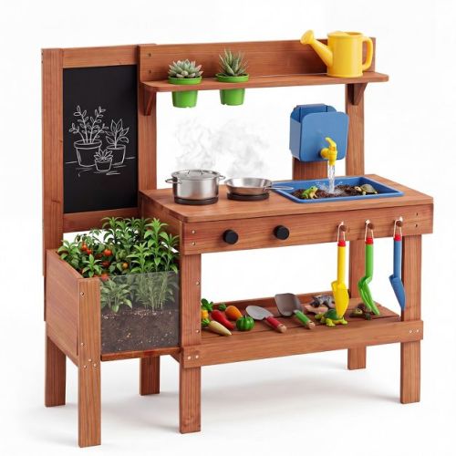 Costway Kids Mud Kitchen with Planter Box, Sink, Stoves, Chalkboard & 13 Accessories